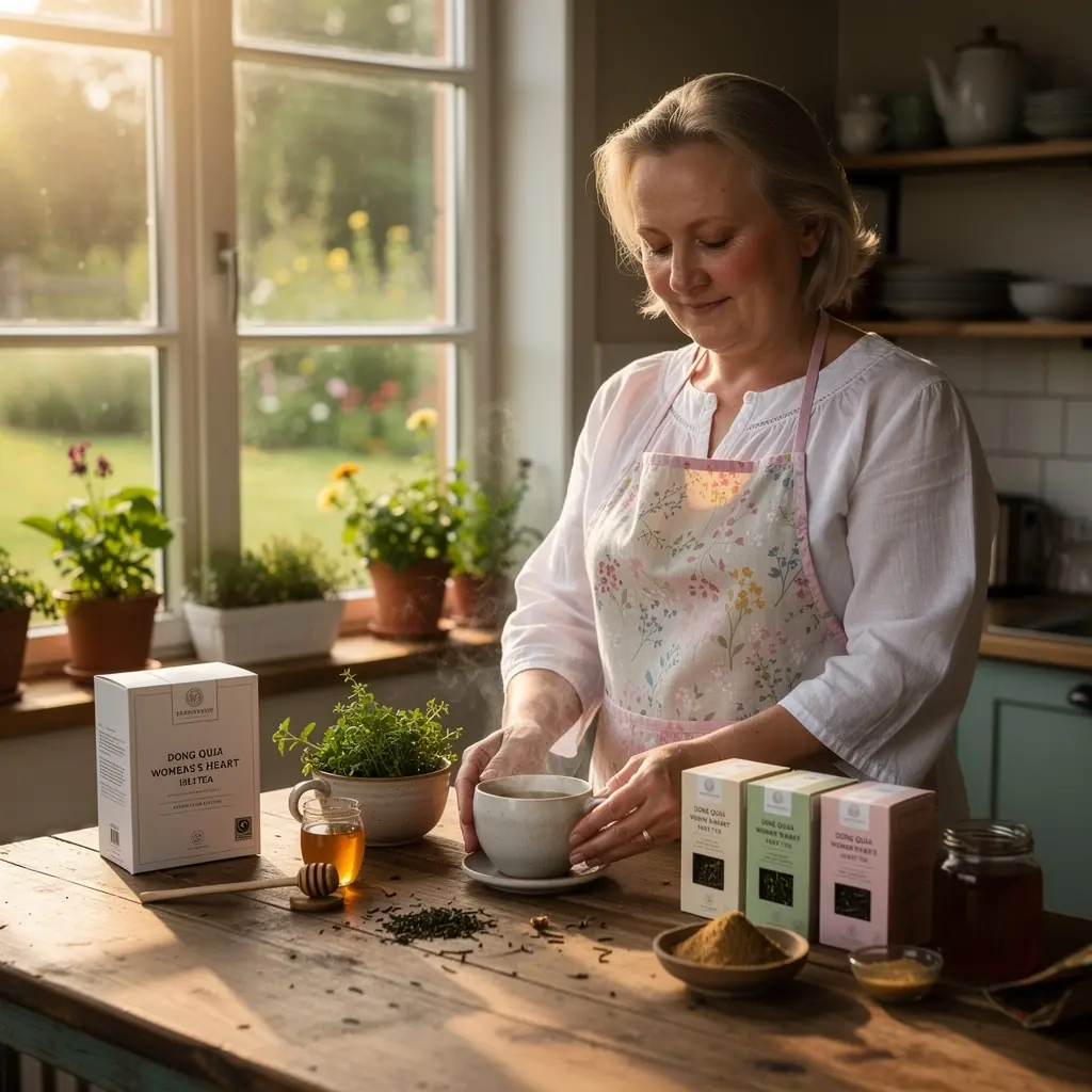 Moteris, geriantis Dong Quai arbatos puodelį, atrodanti rami ir patenkinta