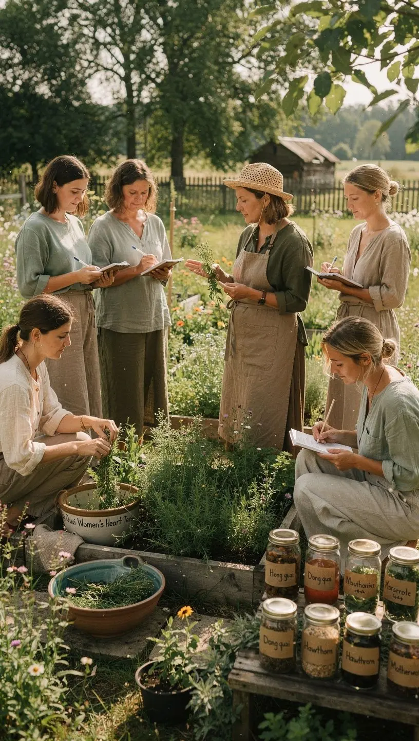 Gražus arbatos puodelis su Dong Quai, aplinkoje su žydinčiomis gėlėmis.